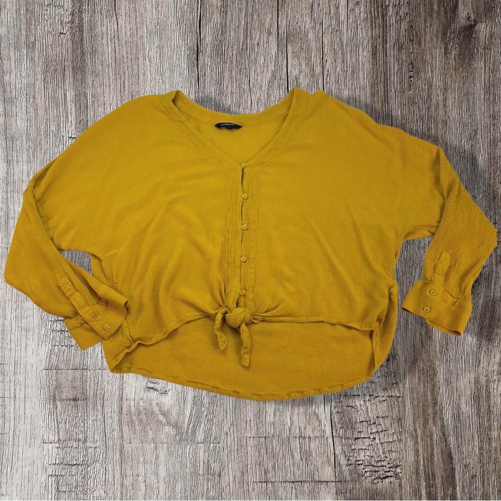 Express Mustard Button-Down Tie Front Crop Top Women’s M